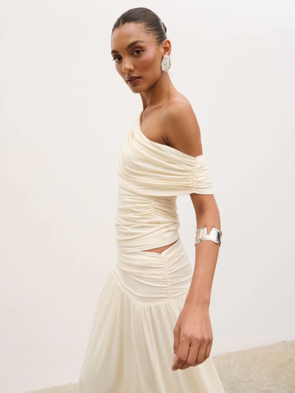 Lydia Ruched Off-Shoulder Cream Top - Picture 5 of 6
